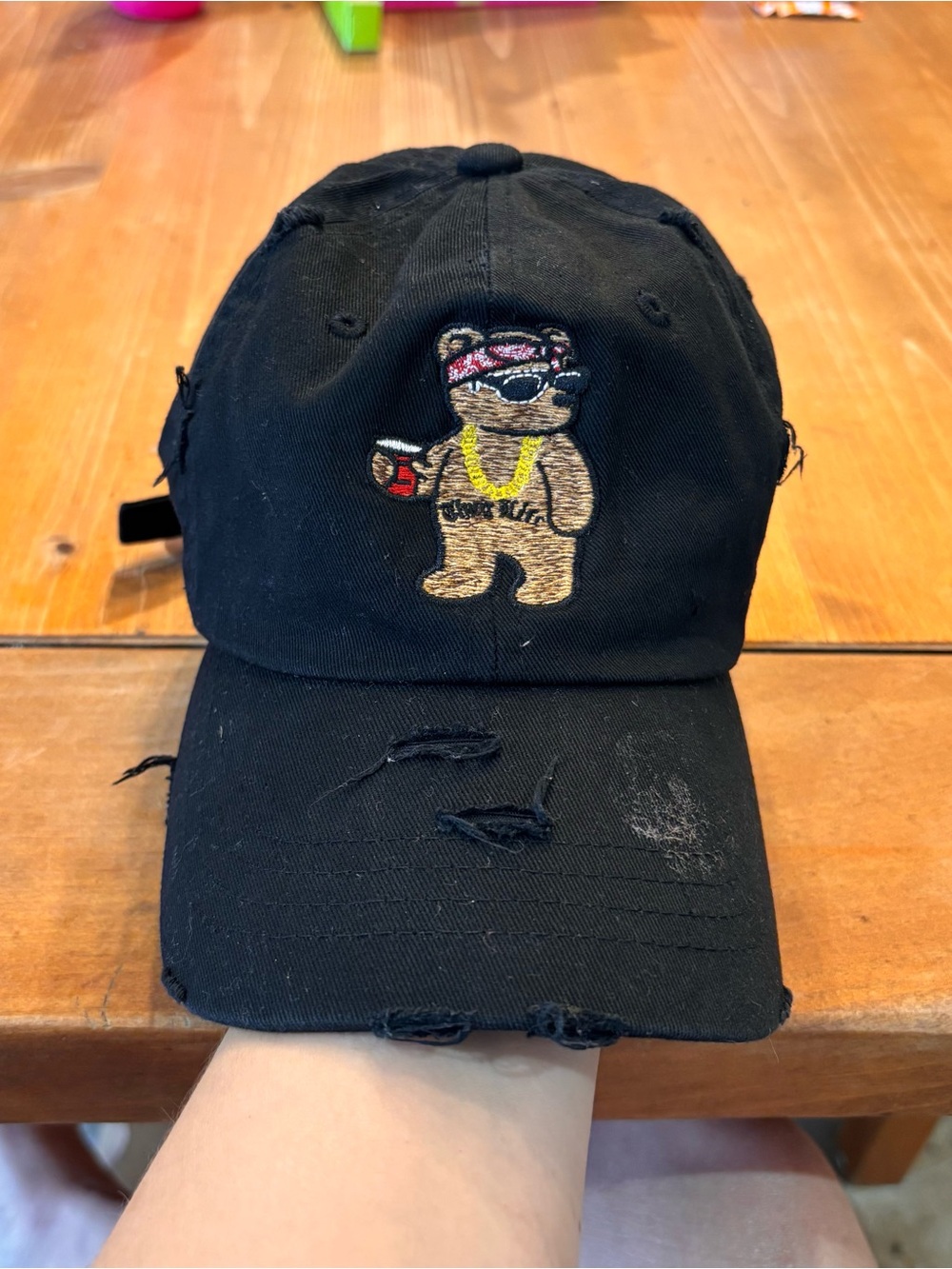 Muka mens Thug Life embroidered distressed bear dad hat baseball cap black